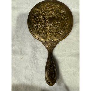 Antique Ornate Brass Hand Mirror With Cherub & Floral Design & Detailed Handle